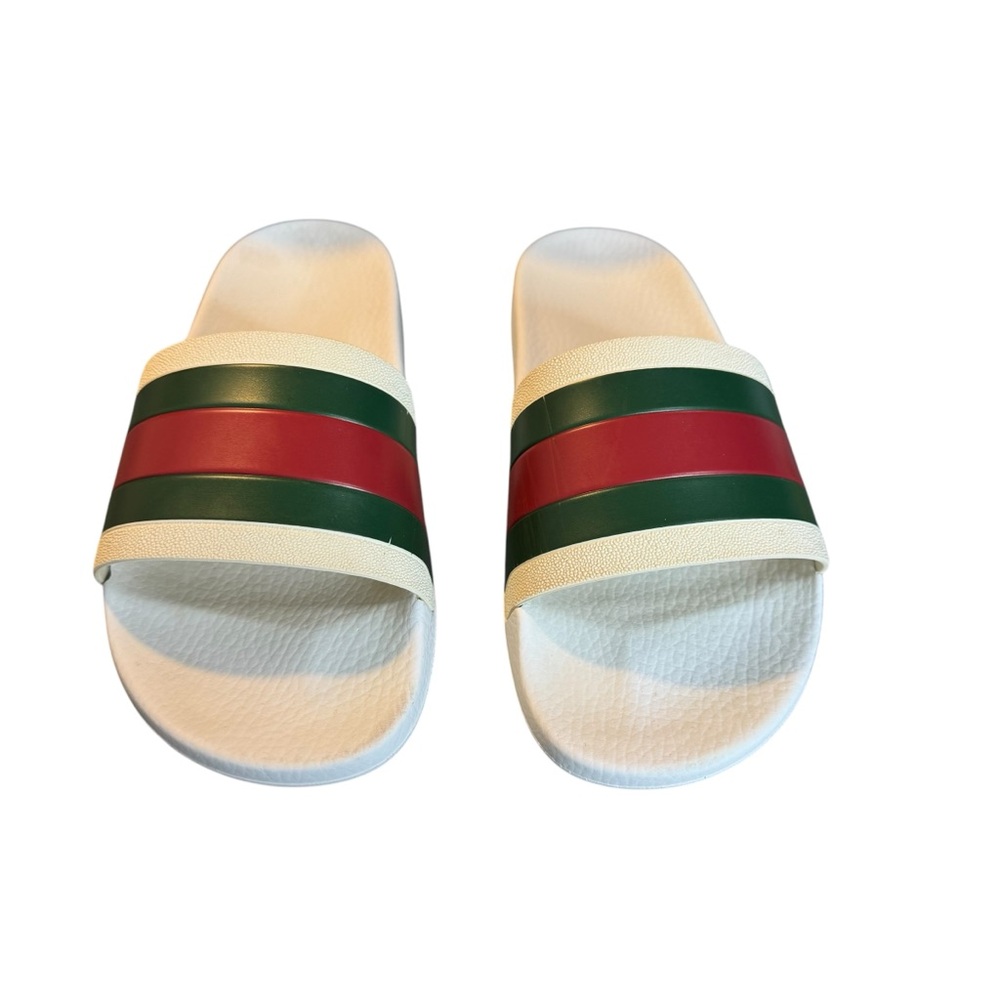 Gucci Pursuit 72 White and Green Striped Flip Flop Slides Sandals - Picture 4 of 9